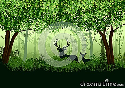 Green forest with wild elk in forest Vector Illustration