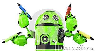 Green four-arm robot with pencils. Multitasking concept. . Contains clipping path. 3d illustration Cartoon Illustration