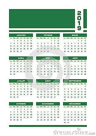 Green 2019 French calendar Vector Illustration