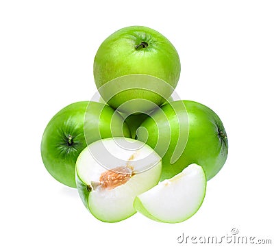 green fresh monkey apple with slices isolated on white background Stock Photo