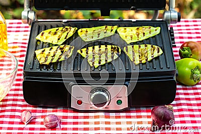 Green fried bell pepper lies on grill Stock Photo