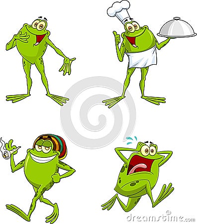 Green Frog Cartoon Characters. Vector Hand Drawn Collection Set Vector Illustration