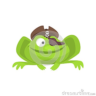 Green Frog Funny Character With Pirate Hat And Eye Patch Smiling Childish Cartoon Illustration Vector Illustration