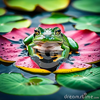 green frog jumps on colorful lily pads during rainy days Stock Photo