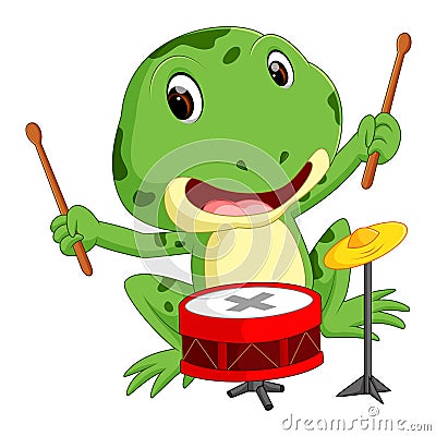 Green frog playing drum Vector Illustration