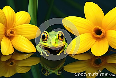 a green frog resting on a vibrant yellow lily pad Stock Photo