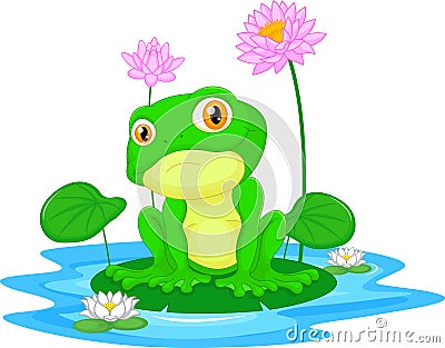 Green frog sitting on a leaf Vector Illustration