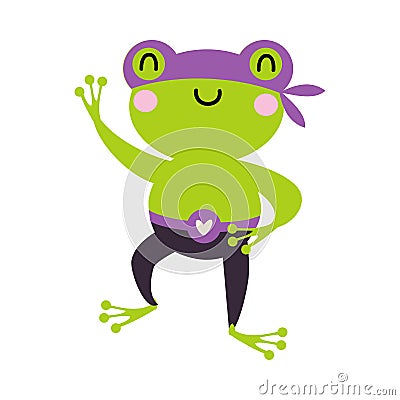 Green Frog Superhero Dressed in Mask Waving Paw Vector Illustration Vector Illustration