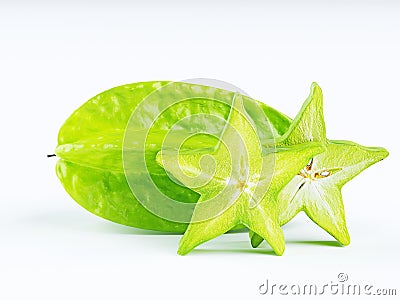 Green fruit of a carambola or starfruit starfruit on a white b Stock Photo