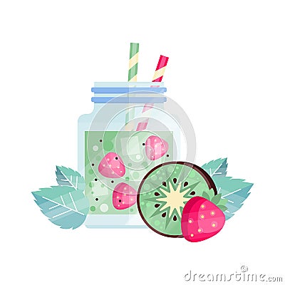 Fruit cocktail with kiwi and strawberry. Glass jar of refreshing vegetarian drink. Organic and healthy smoothie with Vector Illustration