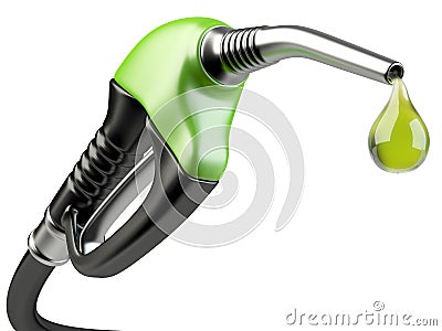 Green fuel pump nozzle with drop oil. Stock Photo