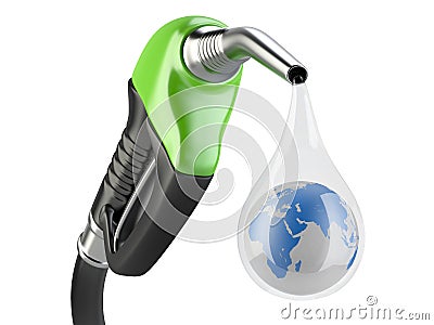 Green fuel pump nozzle and drop water with earth. Stock Photo