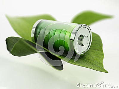 Green full battery icon and green leaves. 3D illustration Cartoon Illustration