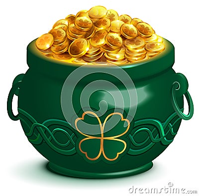 Green full pot with gold coins. Pot with four leaf clover symbol of Patricks Day Vector Illustration