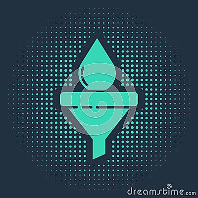 Green Funnel or filter and motor oil drop icon isolated on blue background. Abstract circle random dots. Vector Vector Illustration