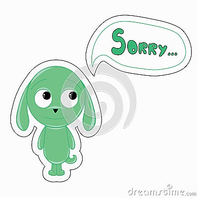 Green funny cartoon rabbit says Sorry Vector Illustration