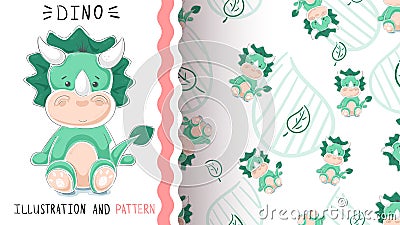 Green funny dino - seamless pattern Vector Illustration