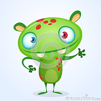Green funny happy cartoon monster. Green vector alien character. Halloween design. Vector Illustration