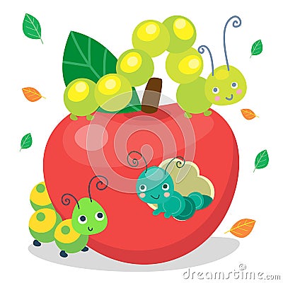 Green funny smiling cute caterpillars eating apple. Insect character for baby and children. Vector illustration, cartoon Vector Illustration