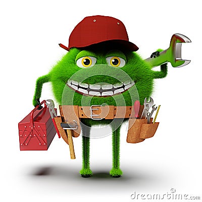 Green furry handyman monster Stock Photo