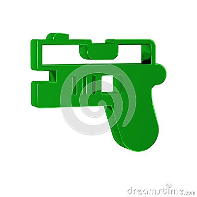 Green Futuristic space gun blaster icon isolated on transparent background. Laser Handgun. Alien Weapon. Stock Photo