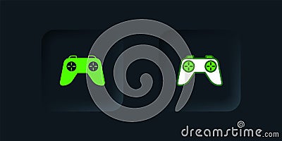 Green Game controller or joystick for game console icon isolated on black background. Black square button. Vector Stock Photo