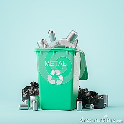 Green garbage bin with metal waste Stock Photo