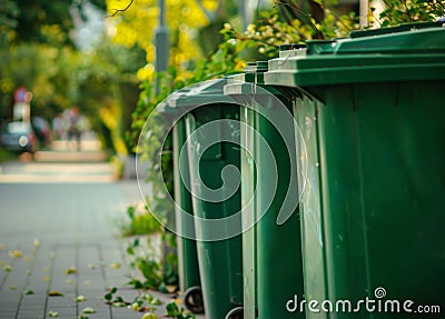 Green garbage bins are lined up along sidewalk. Stock Photo