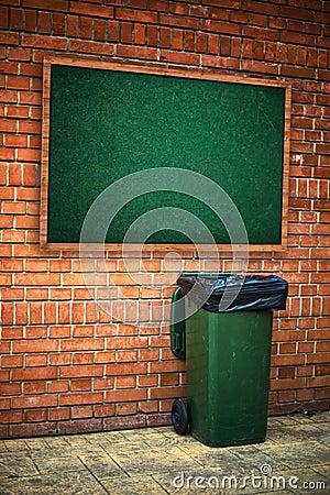 Green garbage can with plastic bag Stock Photo