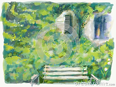 Green garden with bench , flowers , window art illustration.Beautiful nature outdoor.nature landscape Cartoon Illustration