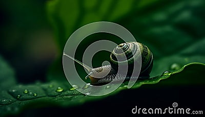 Green garden snail crawls slowly on wet leaf, slimy spiral generated by AI Stock Photo