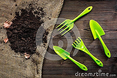 Green garden tools and ground for planting flowers on wooden table background top view Stock Photo