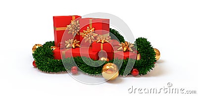 Green garland with COVID word white backgroundred gifts and green garland white background Stock Photo