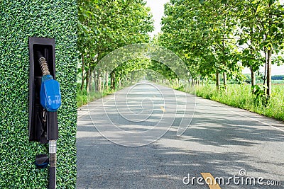 Green gasoline nozzle on Both sides of the road are planted with street trees background. Refill and filling Oil Gas Fuel on Editorial Stock Photo
