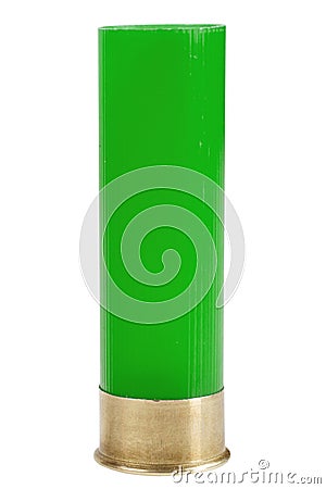 Green 12 gauge shotgun shell isolated on white Stock Photo