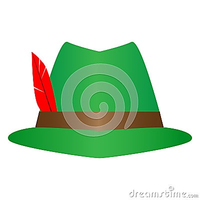 Green German Alpine Octoberfest hat with red feathers. Hunter hat with feather. Vector Illustration