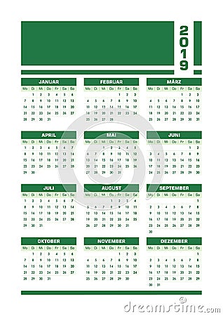 Green 2019 German calendar Vector Illustration