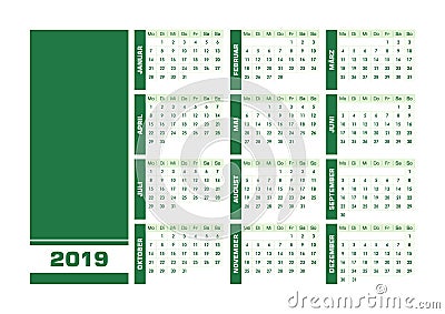 Green 2019 German calendar Vector Illustration