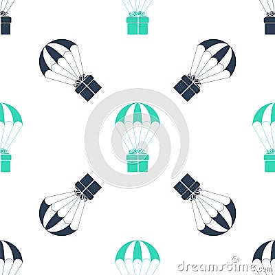 Green Gift box flying on parachute icon isolated seamless pattern on white background. Delivery service, air shipping Vector Illustration