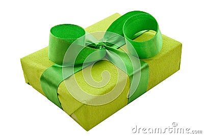 Green Gift Box with green Satin Ribbon Stock Photo