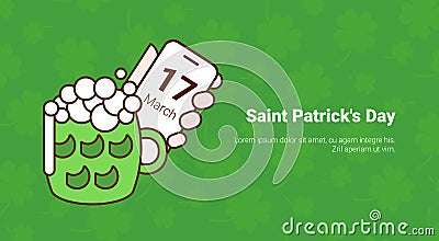 Green Glass With Beer Over Saint Patricks Day Banner With Clover Template Background Vector Illustration