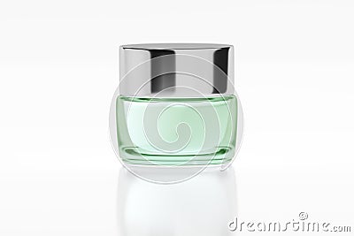 Green glass jar with chrome glossy plastic lid 3D rendering Stock Photo