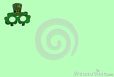 Green glasses with shamrock for Saint St Patrickâ€™s day holiday celebration on green background. Funny sparkle eyeglasses, happy Stock Photo