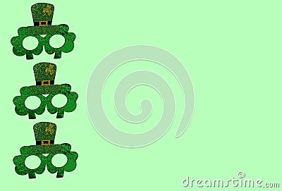 Green glasses with shamrock for Saint St Patrickâ€™s day holiday celebration on green background. Funny sparkle eyeglasses, happy Stock Photo