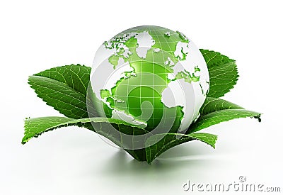 Green globe protected by fresh leaves. 3D illustration Cartoon Illustration