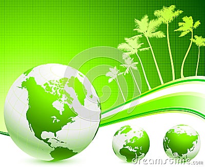 Green globes background with palm trees Cartoon Illustration