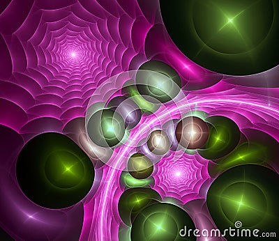 Green glowing orbs frame abstract purple cobwebs arranged in a circle. Abstract colorful glowing background. 3D rendering. 3D Cartoon Illustration