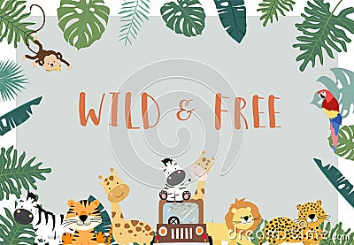 Green,gold collection of safari background set with lion,monkey,giraffe,zebra.vector illustration for birthday invitation,postcard Vector Illustration