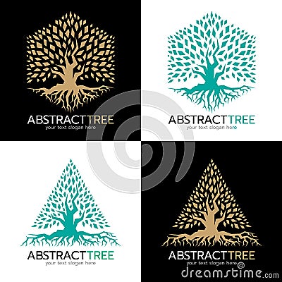 Green and gold Hexagonal and triangle abstract tree logo vector art design Vector Illustration