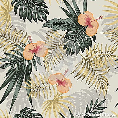 Green gold plants hibiscus seamless beige background Vector Illustration